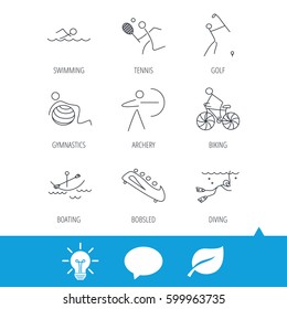 Swimming, tennis and golf icons. Biking, diving and gymnastics linear signs. Archery, boating and bobsleigh icons. Light bulb, speech bubble and leaf web icons. Vector
