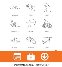 Swimming, tennis and golf icons. Biking, diving and gymnastics linear signs. Archery, boating and bobsleigh icons. Download arrow, locker and calendar web icons. Vector