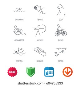 Swimming, tennis and golf icons. Biking, diving and gymnastics linear signs. Archery, boating and bobsleigh icons. New tag, shield and calendar web icons. Download arrow. Vector