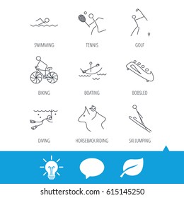 Swimming, tennis and golf icons. Biking, diving and horseback riding linear signs. Ski jumping, boating and bobsleigh icons. Light bulb, speech bubble and leaf web icons. Vector