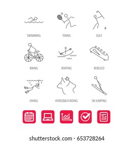 Swimming, tennis and golf icons. Biking, diving and horseback riding linear signs. Ski jumping, boating and bobsleigh icons. Report document, Graph chart and Calendar signs. Laptop and Check web icons