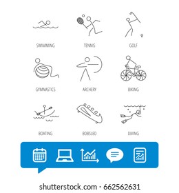 Swimming, tennis and golf icons. Biking, diving and gymnastics linear signs. Archery, boating and bobsleigh icons. Report file, Graph chart and Chat speech bubble signs. Laptop and Calendar web icons
