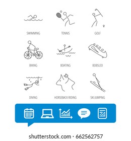 Swimming, tennis and golf icons. Biking, diving and horseback riding linear signs. Ski jumping, boating and bobsleigh icons. Report file, Graph chart and Chat speech bubble signs. Vector