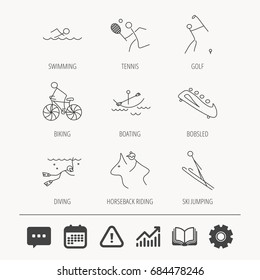 Swimming, tennis and golf icons. Biking, diving and horseback riding linear signs. Ski jumping, boating and bobsleigh icons. Education book, Graph chart and Chat signs. Vector