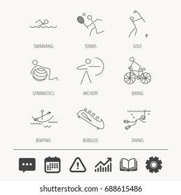 Swimming, tennis and golf icons. Biking, diving and gymnastics linear signs. Archery, boating and bobsleigh icons. Education book, Graph chart and Chat signs. Vector
