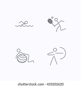 Swimming, tennis and gymnastics icons. Archery linear sign. Flat linear icons on white background. Vector