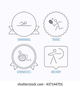 Swimming, tennis and gymnastics icons. Archery linear sign. Award medal, star label and speech bubble designs. Vector