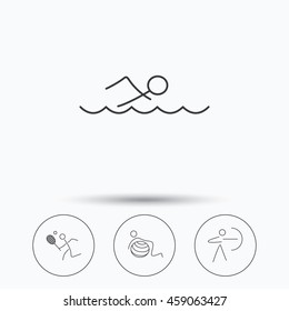 Swimming, tennis and gymnastics icons. Archery linear sign. Linear icons in circle buttons. Flat web symbols. Vector