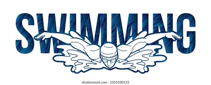 Swimming Text with  A Man Swimmer Font Design Cartoon Graphic Vector