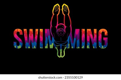 Swimming Text with  A Man Swimmer Font Design Cartoon Graphic Vector