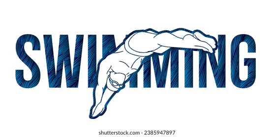 Swimming Text with Swimmer Action Cartoon Sport Graphic Vector