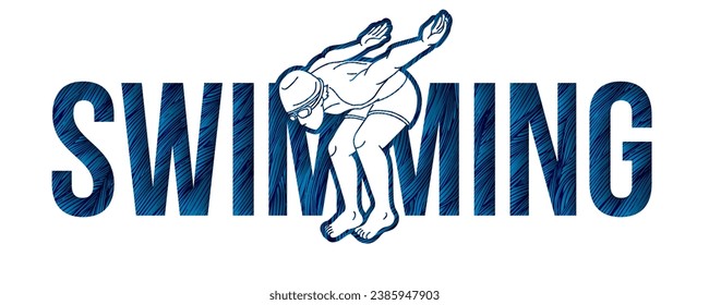 Swimming Text with Swimmer Action Cartoon Sport Graphic Vector