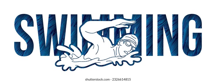 Swimming Text with Swimmer Cartoon Sport Graphic Vector