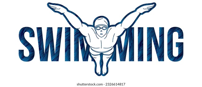 Swimming Text with Swimmer Cartoon Sport Graphic Vector
