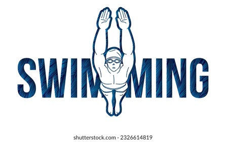 Swimming Text with Swimmer Cartoon Sport Graphic Vector