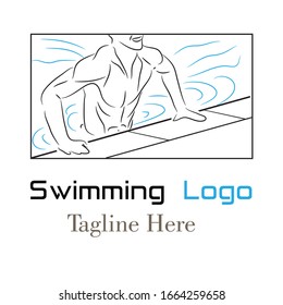 Swimming theme logo with line art vector illustration and dummy text.