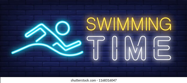 Swimming time neon sign. Glowing bar lettering with swimming man on brick background. Night bright advertisement. Vector illustration in neon style for swimming pools and sport centers