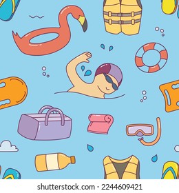 Swimming tools and objects doodle seamless pattern
