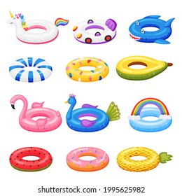 Swimming toy. Cartoon rubber inflatable rings in various shapes unicorn, flamingo, watermelon. Pool accessories beach inflatables toys vector set. Summertime water ring for relaxation