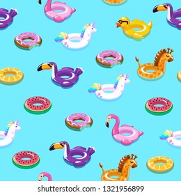 Swimming toys seamless pattern. Pool floating summer inflatable toy sea print float kid fashion textile print vector cartoon