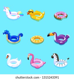 Swimming toys. Swim summer water pool inflatable toy animal float beach sea rings floating rescue belt marine cartoon vector set