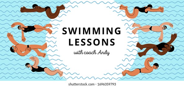 Swimming training. Horizontal banner template with placeholder text. Colorful illustration of diverse people swimming in different styles. Social media, blog, website header for swimming pool, coach