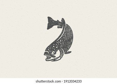 Swimming trout fish silhouette for fishing club or seafood market hand drawn stamp effect vector illustration. Vintage grunge texture emblem for package and menu design or label decoration.