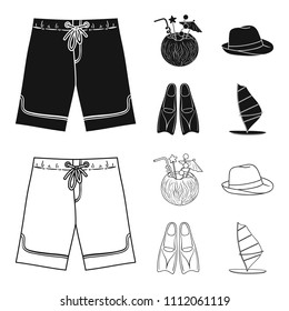 Swimming trunks, cocktail with coconut, panama and flippers. Surfing set collection icons in black,outline style vector symbol stock illustration web.