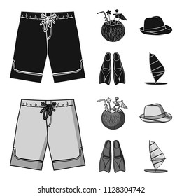 Swimming trunks, cocktail with coconut, panama and flippers. Surfing set collection icons in black,monochrome style vector symbol stock illustration web.