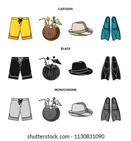 Swimming trunks, cocktail with coconut, panama and flippers. Surfing set collection icons in cartoon,black,monochrome style vector symbol stock illustration web.