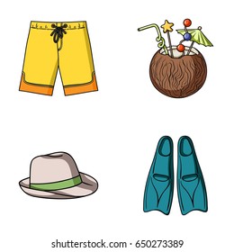 Swimming trunks, cocktail with coconut, panama and flippers. Surfing set collection icons in cartoon style vector symbol stock illustration web.