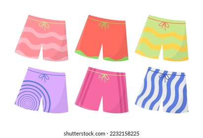 Swimming trunks for men or boys vector illustrations set. Collection of cartoon drawings of colorful shorts for beach holiday isolated on white background. Swimwear, fashion, summer, vacation concept