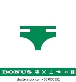 Swimming trunks for men icon flat. Green pictogram on white background. Vector illustration symbol and bonus button
