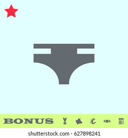 Swimming trunks for men icon flat. Grey pictogram on blue background. Vector illustration symbol and bonus buttons medal, cow, earth, eye, calculator