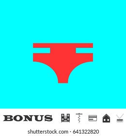 Swimming trunks for men icon flat. Red pictogram on blue background. Vector illustration symbol and bonus buttons Music center, corkscrew, credit card, house, drum