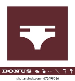 Swimming trunks for men icon flat. White pictogram on brown background. Vector illustration symbol and bonus icons