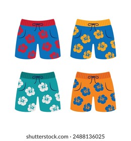 Swimming trunks for men vector illustration. Swimwear shorts with hibiscus flowers icon set isolated on a white background. Hawaiian swimwear for men drawing. Floral men shorts icons