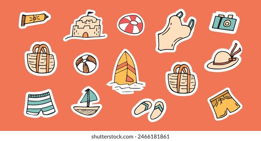 swimming trunks. men's swimming trunks. swimsuit. sea. beach. to swim. rest. journey. clothes. vector. sticker. doodle drawing. retro palette. with a white outline.