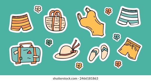 swimming trunks. men's swimming trunks. swimsuit. sea. beach. to swim. rest. journey. clothes. vector. sticker. doodle drawing. retro palette. with a white outline.