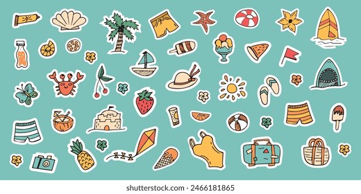 swimming trunks. men's swimming trunks. swimsuit. sea. beach. to swim. rest. journey. clothes. vector. sticker. doodle drawing. retro palette. with a white outline.