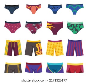 Swimming trunks set. Men underwear. Underpants and shorts, different models, beautiful clothing for beach and everyday life, isolated on white background. Summer holiday pool apparel, sea, vacation
