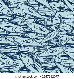 Einfarbiges Thunfischmuster nahtlos mit Makrelenfischen im Meer oder auf dem Meer, die unter Wasserblasen schwimmen, Vektorgrafik