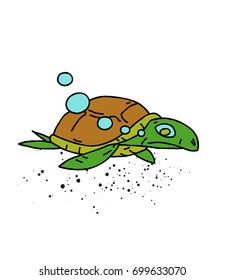 Swimming turtle cartoon hand drawn image. Original colorful artwork, comic childish style drawing.
