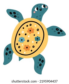 Swimming turtle. Cute marine animal. Kawaii character