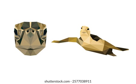 Swimming turtle and turtle face front view in polygonal low poly vector. Turtle face logo abstract polygon vector. Turtle illustration graphic vector