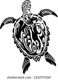 Swimming Turtle with Psychedelic Tribal Mandala Style Shell, Vector Illustration for Tattoos, Coloring Books or Stickers