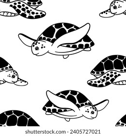 Swimming turtles hand drawn vector monochrome seamless pattern on white background. Sea or ocean underwater life background