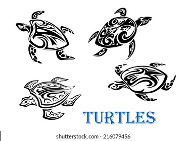 Swimming turtles set in tribal outline style isolated on white background. For tattoo or wildlife design