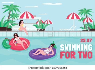Swimming for two poster flat vector template. Rest together at poolside. Book hotel for family. Brochure, booklet one page concept design with cartoon characters. Summer recreation flyer, leaflet