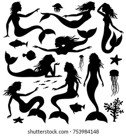 Swimming underwater mermaid black vector silhouettes. Mermaid female with tail black silhouette illustration